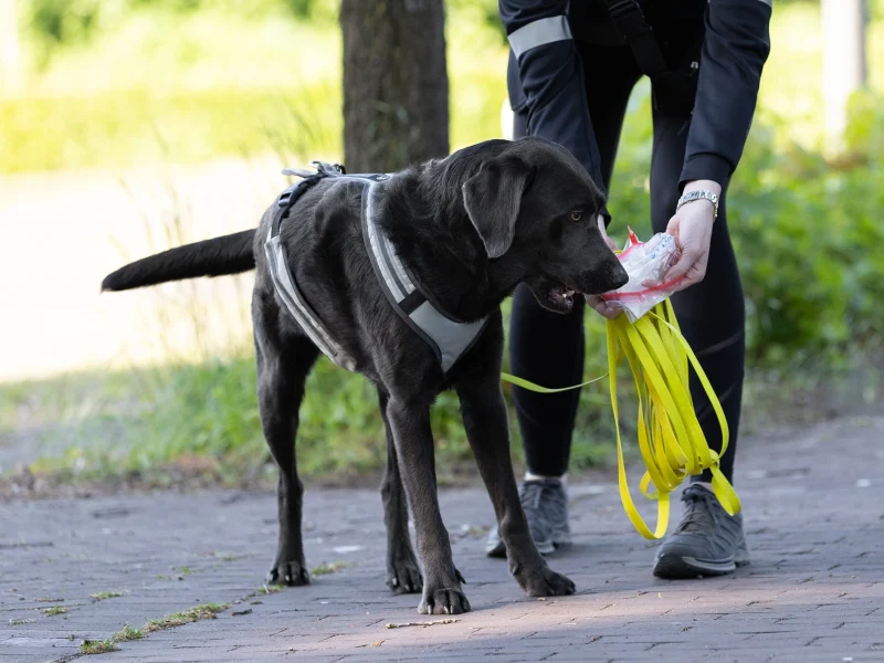 Schwarzer Labrador erhält den Duft einer gesuchten Person von seinem Halter beim Mantrailing-Training in Münster.